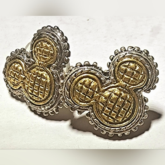 Rare find! Textured gold and silver Mickey Mouse head pierced earrings - Picture 2 of 6